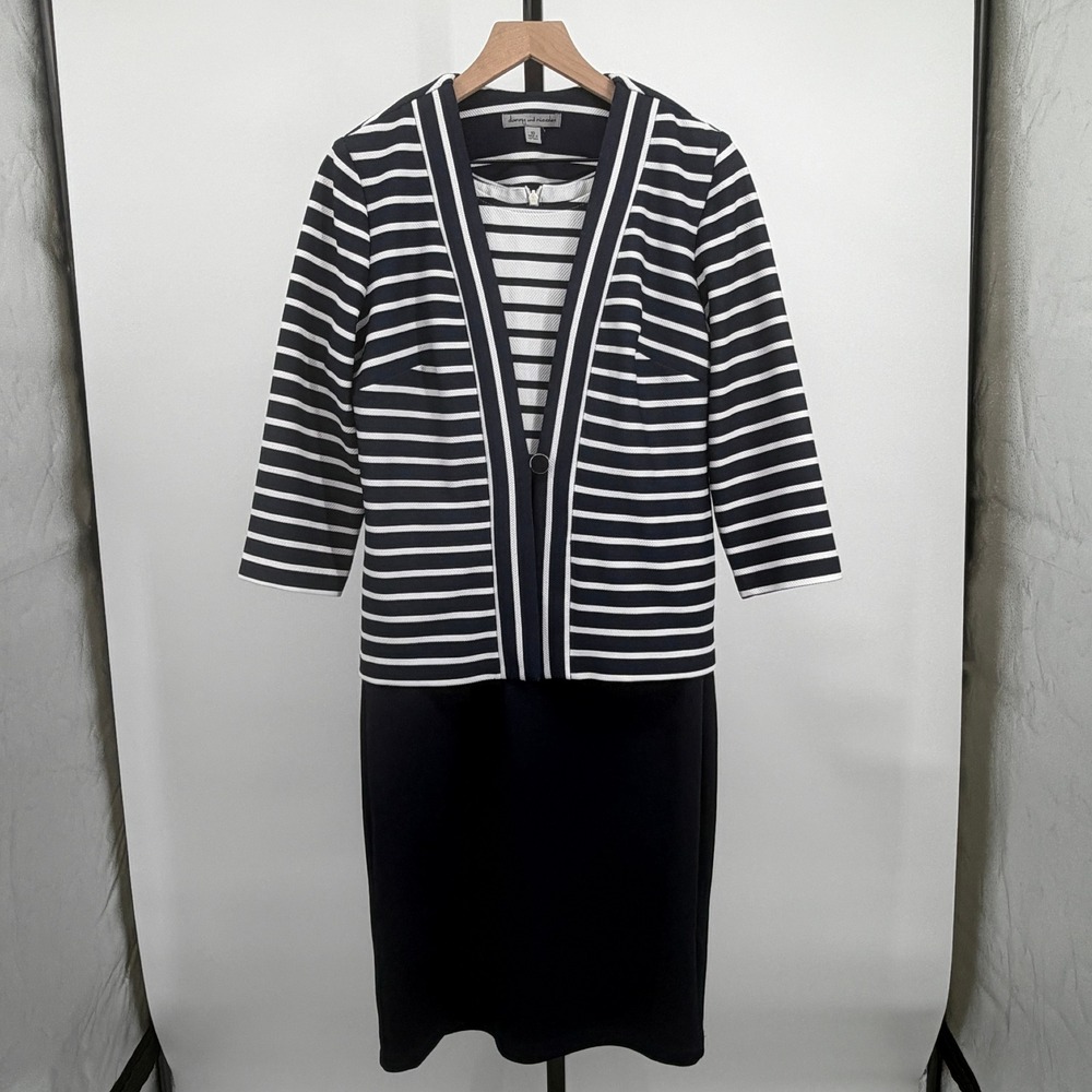 Danny and Nicole Striped Jacket Sheath Dress Set Navy White Size 10 Office